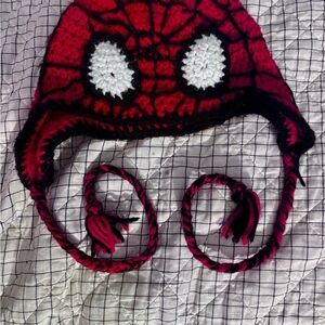 Red and Black Spiderman Design Hand Knitted Hat